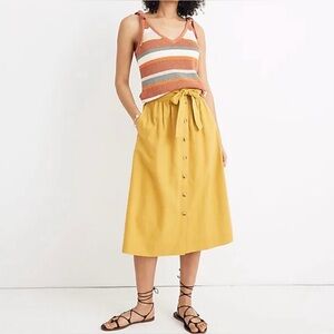 MADEWELL Linen Tie Palisade Button-Front Midi Skirt Golden Meadow Yellow -size 4